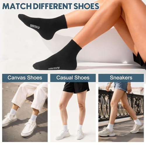 Athletic Cotton Ankle Socks for Women - 6 Pairs Black/White