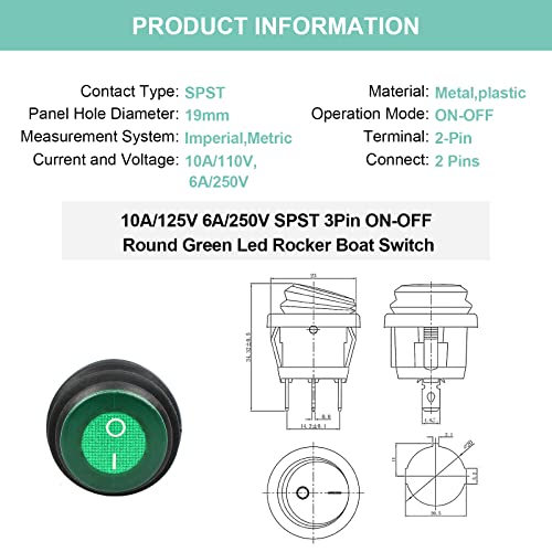 2 Pcs Green LED Round SPST Rocker Switch - Waterproof