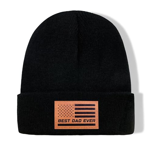 Knit Cuffed Winter Beanie Hat for Dad - Black Leather Patch