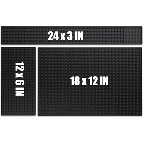 Noverlife 3PCS Black Rubber Bar Service Spill Mat, Barber Station Mat Flexible Bar Mat Set for Countertop, Waterproof Home Bar Mats Restaurant Service Mat Nonslip Drying Mat - 24x3 & 18x12 & 12x6inch