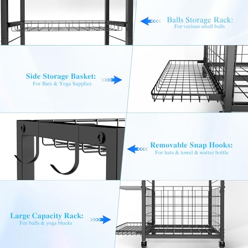 Garage Sports Equipment Organizer with Wheels - 3-Tier Ball Storage Rack