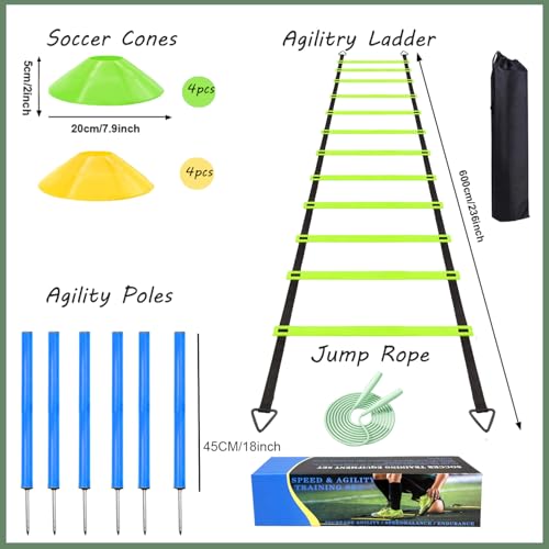 Agility Ladder Training Set - 20ft Ladder, 6 Poles, 8 Cones