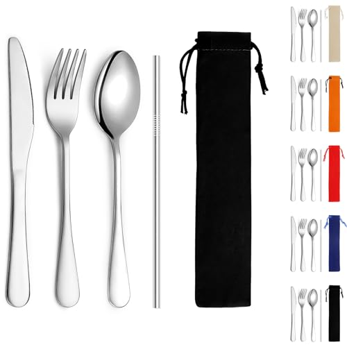 Stainless Steel Camping Utensil Set - 4-Piece Flatware with Black Storage Bag