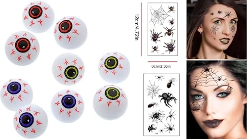 Plastic Eyeball Ping Pong Balls - 12 Pcs Random Color Set with Spider Tattoo