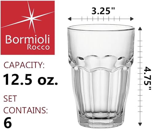 Bormioli Rocco Rock Bar 12.5oz Stackable Glasses Set of 6, Dishwasher Safe