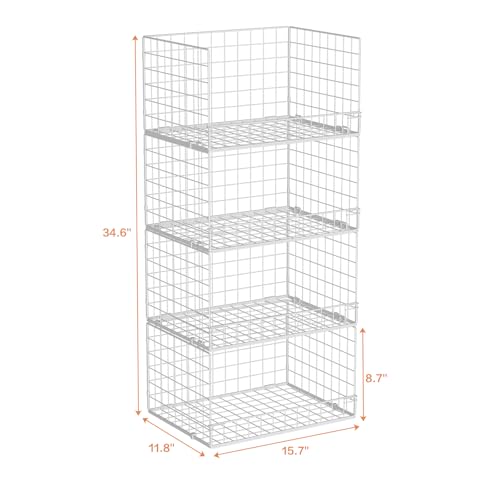 4-Tier Stackable Closet Organizers and Storage Basket, Foldable Closet Shelf Organizer System, Space-Saving Clothes Storage Drawer Organizer for Wardrobe, White (Patent Pending)