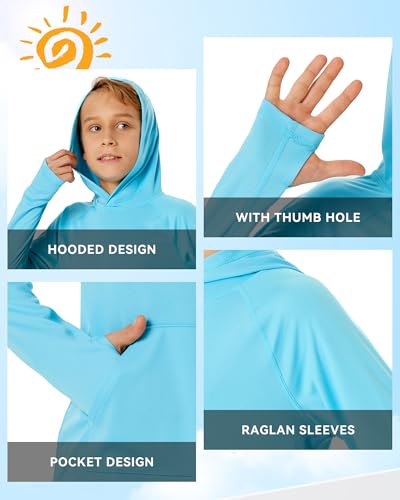 Boys Long Sleeve Hoodie Swim Shirt - UPF 50+ Sun Protection, Crystal Blue, Large