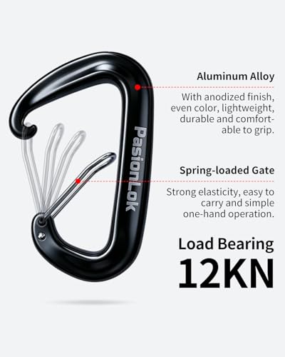 Heavy Duty Aluminum Carabiner Clips Set - 12KN Strength, Black - 2pc