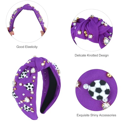 Wide Knotted Soccer Headband for Women - Purple Rhinestone Game Day Accessory
