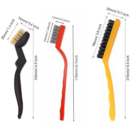 Wire Brush Set, 9-Piece, for Removing Weld slag, Rust and dust. Wire Cleaning Brushes comprise Three Different Sizes, Featuring Brass, Nylon and Stainless Steel Bristle Heads respectively,Colour