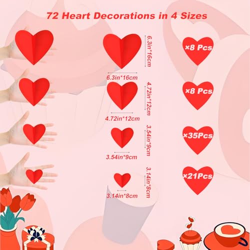 72 Pcs Valentine's Day Wall Decoration, 3D Heart Valentine Wall Stickers, Waterproof Wall Decals, for Wedding Anniversary Party Bedroom School Office Valentine's Day Decorations (Red)
