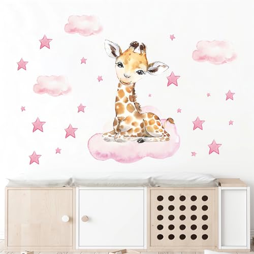 Cute Pink Baby Giraffe Wall Stickers, sacinora Moon and Stars DIY Art Wall Decals Removable Vinyl Peel and Stick for Kids Baby Girls Nursery Bedroom Toddler Room Decorations