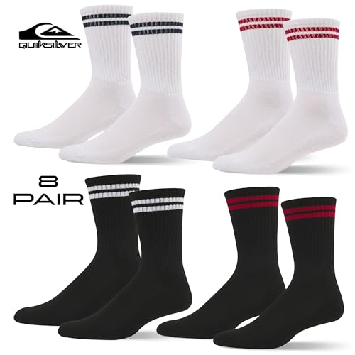 Men's Athletic Crew Socks - 8 Pairs, Size 8-12 - White/Red, White/Blue, Black/Red, Black/White