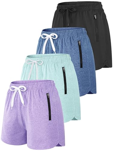 Resinta Girls 4-Pack Dry-Fit Athletic Shorts with Zipper Pockets — Black / Light Blue / Deep Blue / Light Purple