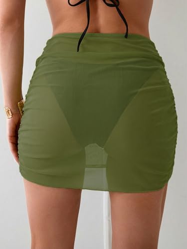 Mesh Sheer Swim Skirt Cover Up - Ruched Bikini Bottoms, Small Green
