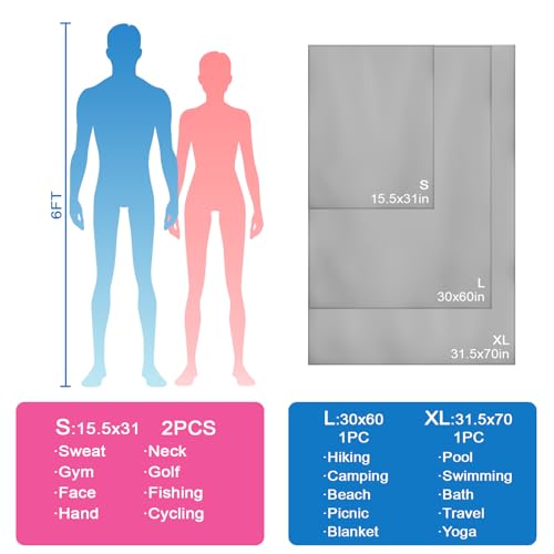 XL Microfiber Camping Towel - Quick Dry for Hiking, Beach & Travel - Light Grey, 1 Pack