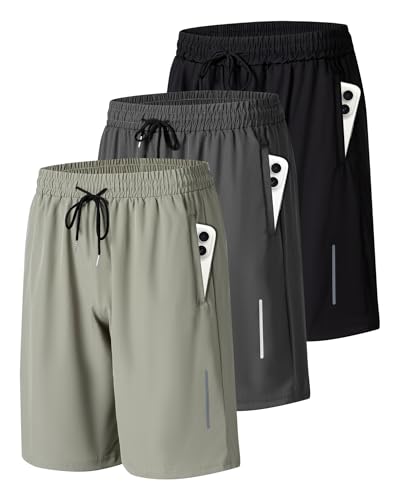 JWJ Mens Athletic Gym Shorts 3 Pack - Large Black / Dark Grey / Army, Quick Dry with Zipper Pockets