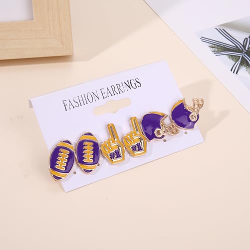 FAERLIIRY Football Earrings for Women Game Day Jewelry Team Support Purple Yellow 3 Pairs