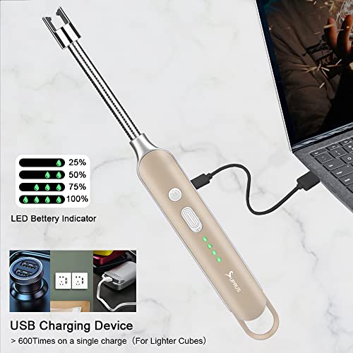 SUPRUS Electric Rechargeable Arc Lighter with LED Battery Display — Gold, 3 Packs, 360° Bendable Neck