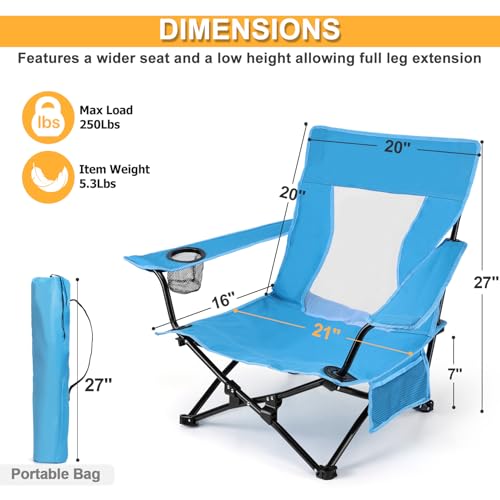 Joyfair Blue Beach Camping Folding Chair for Adults 2-Pack, Lightweight & Portable