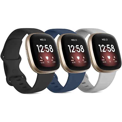 3 Pack Silicone Bands for Fitbit Sense & Versa 3 - Black/Navy Blue/Gray, Large