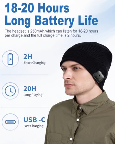 Borayda Bluetooth Beanie 18H HD Stereo, Built-in Mic, Black (Men/Women) Christmas Gift