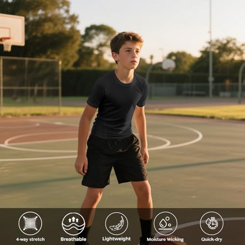 Boys Compression Shirt - Short Sleeve Athletic T-Shirt, X-Large Black