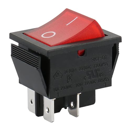 DPST Rocker Switch - 16A 250V 4-Pin Red LED Illuminated Snap-in Power Switch