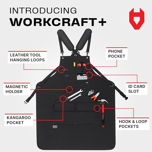 NoCry Woodworking Apron for Men ? Reinforced Pockets with Metal Rivets, Magnetic Holder & Leather Tool Loops ? Shop Aprons for Men with Cross-Back Straps, Non-Slip Shoulder Pads & Quick-Release Buckle