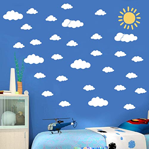 Sun and 30PCS White Clouds Removable Vinyl Wall Decals Peel and Stick Wallpaper Stickers for Nursery Bedroom Living Room