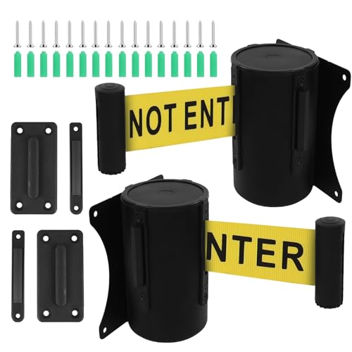 Wall Mount Retractable Belt Barrier 2 Pack, TrreZon Fixed Retractable Belt Barrier with Steel Case 16' Yellow Belt with "Caution: DO NOT Enter" for Grocery, Retail Store, Office, Stadium, School