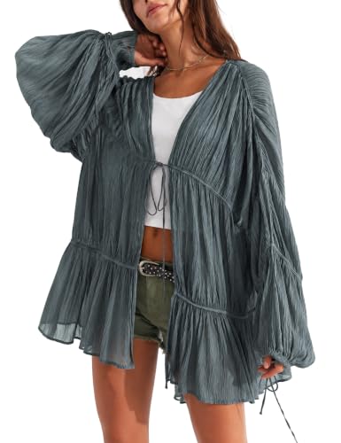 Grey Small Womens Kimono Coverup Dress Tie-Front Beach Duster Top