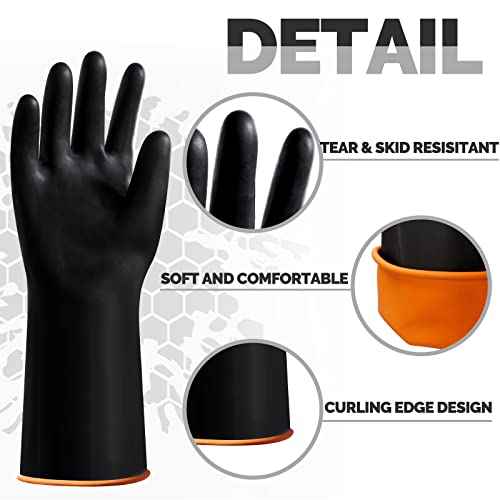 6 Pairs Chemical Resistant Gloves Heavy Duty Industrial Rubber Cleaning Black Protective Safety Work Waterproof Reusable Gloves for Car Home Lab, 14 Inches Large