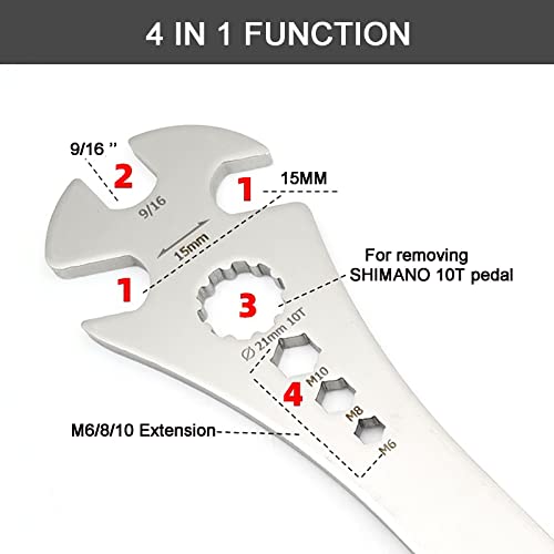 Bicycle Pedal Wrench Tool with Extra Long Handle - 4 in 1