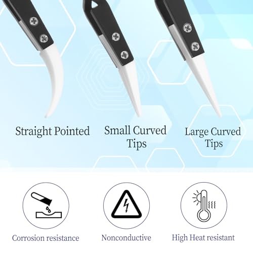 6 Pcs Precision Reverse Ceramic Tweezers Black Non-Conductive Solder Tweezer Anti-Magnetic Pointed & Curved Tips Heat-resistant Tweezer Set for Solder Pinching Coils