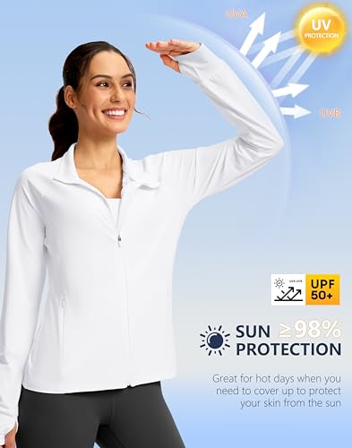 Women's Athletic Jacket - Lightweight Zip-Up, UPF 50+, Medium/White