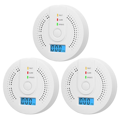 Digital Carbon Monoxide Detector with LCD Display and Sound Warning, Fault/Alarm/Operate Indicators,AA Battery Powered, CO Sensor Complies with UL 2034 Standards for Home(3/Pack)