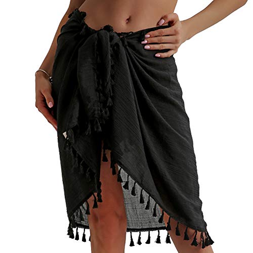 Beach Sarong Pareo Cover Up for Women - Black Short Skirt with Tassels