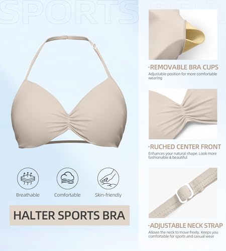 SPVISE Women's Medium Mojave Tan Halter Sports Bra - Adjustable Strappy Activewear Top