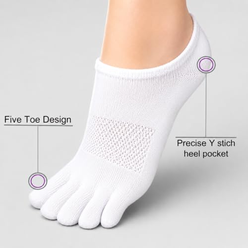 Soxsense Women’s No-Show Toe Socks Medium White - 4 Pairs, Premium Cotton