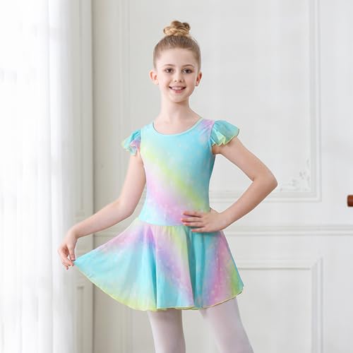 Girls Shiny Ballet Leotard Dress with Ruffle Sleeves - 4-6 Years Rainbow