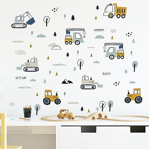 Construction Vehicles Wall Decals Excavator Tractor Crane Wall Stickers Boys Bedroom Kids Room Wall Decor