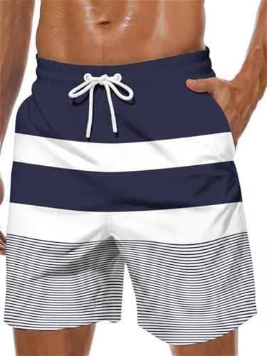 Lzzidou Men's X-Large Navy White Striped Swim Trunks with Mesh Lining
