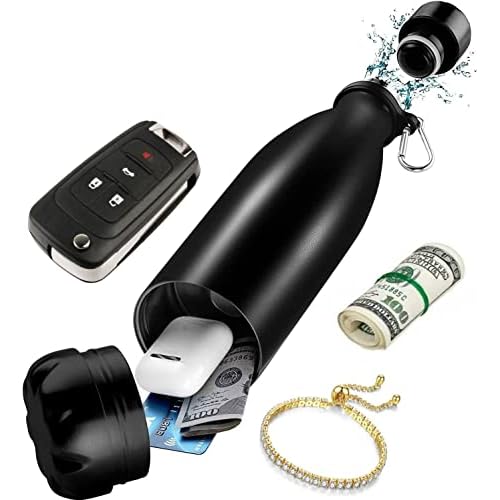 Diversion Safe Water Bottle -Black Stainless Steel Bottle with Hidden Compartment for Cards, Keys, Cash, and Valuables - Insulated Bottle for Hot and Cold Drinks - 18 Ounces