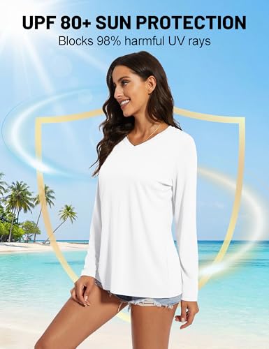 TACVASEN Women's White Long Sleeve V-Neck Tops Quick Dry UPF 50+ Sun Protection Medium