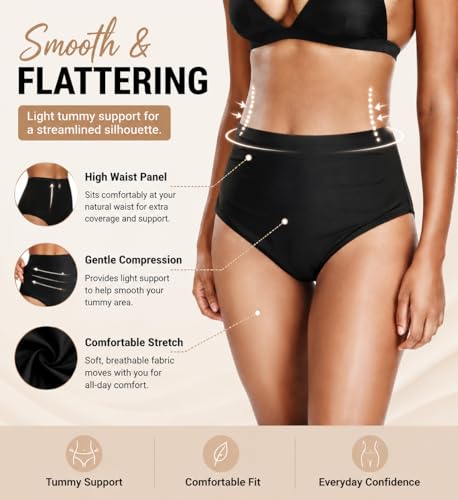 Zmart Women's High Waisted Bikini Bottom - Black, Medium, Full Coverage Tummy Control