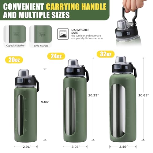 Kodrine Olive 24oz Glass Water Bottle with 2 Lids - Sip & Handle Lids