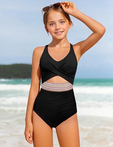 Girls Color Block One-Piece Swimsuit - Criss Cross V-Neck - Black 9-10Y