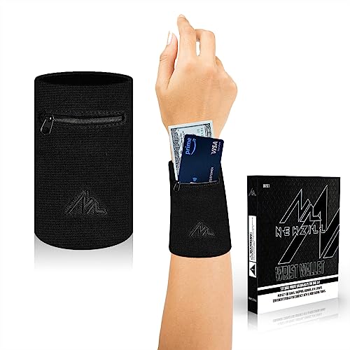 Wrist Wallet Wristband with Zipper - Large Black - Ideal for Running & Sports