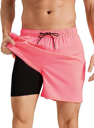 Pink Medium Men's Swim Trunks with Compression Liner & Zipper Pockets - Quick Dry Beach Shorts